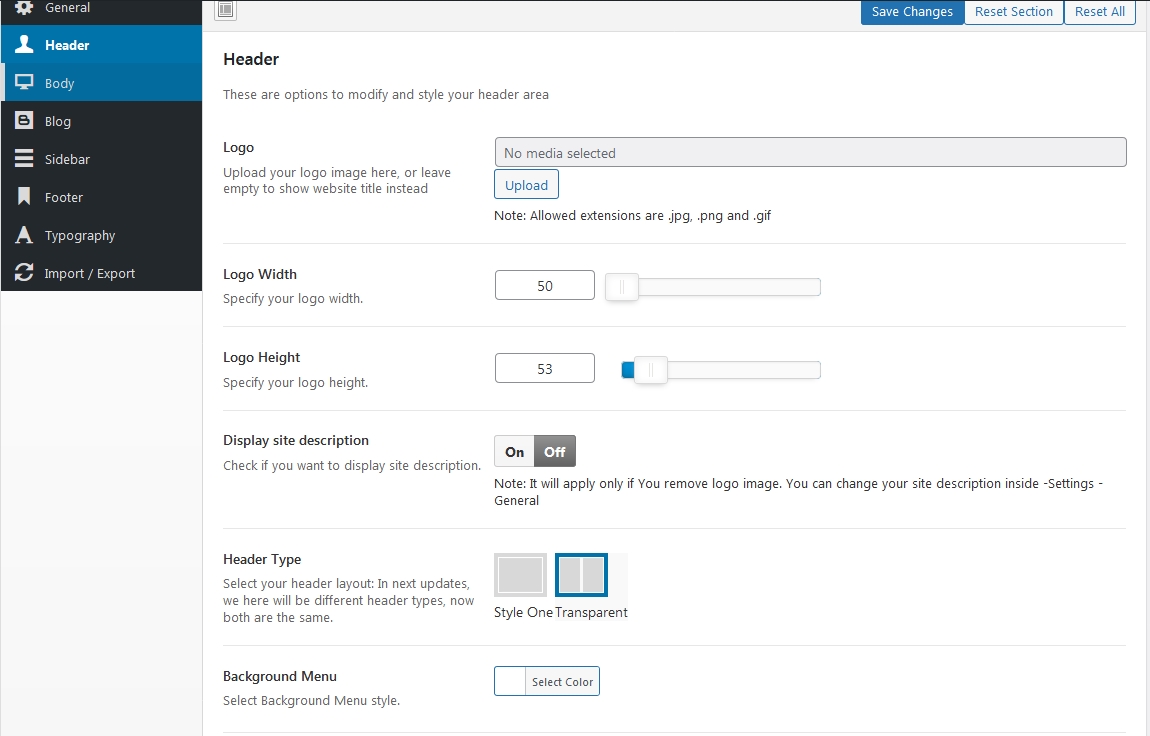 Header Settings